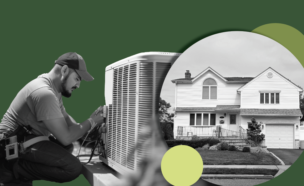 Man installing central heat pump, single-family home